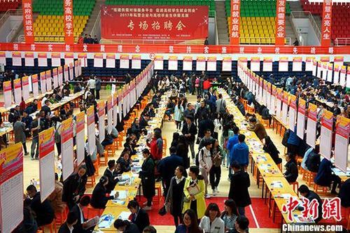 资料图：青海举行高校毕业生供需见面会，图为招聘会现场。 中新社记者 孙睿 摄